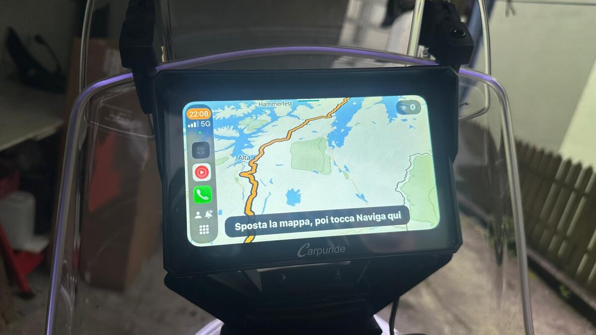Epona map on a CarPlay screen mounted on a motorcycle, Arctic Norway