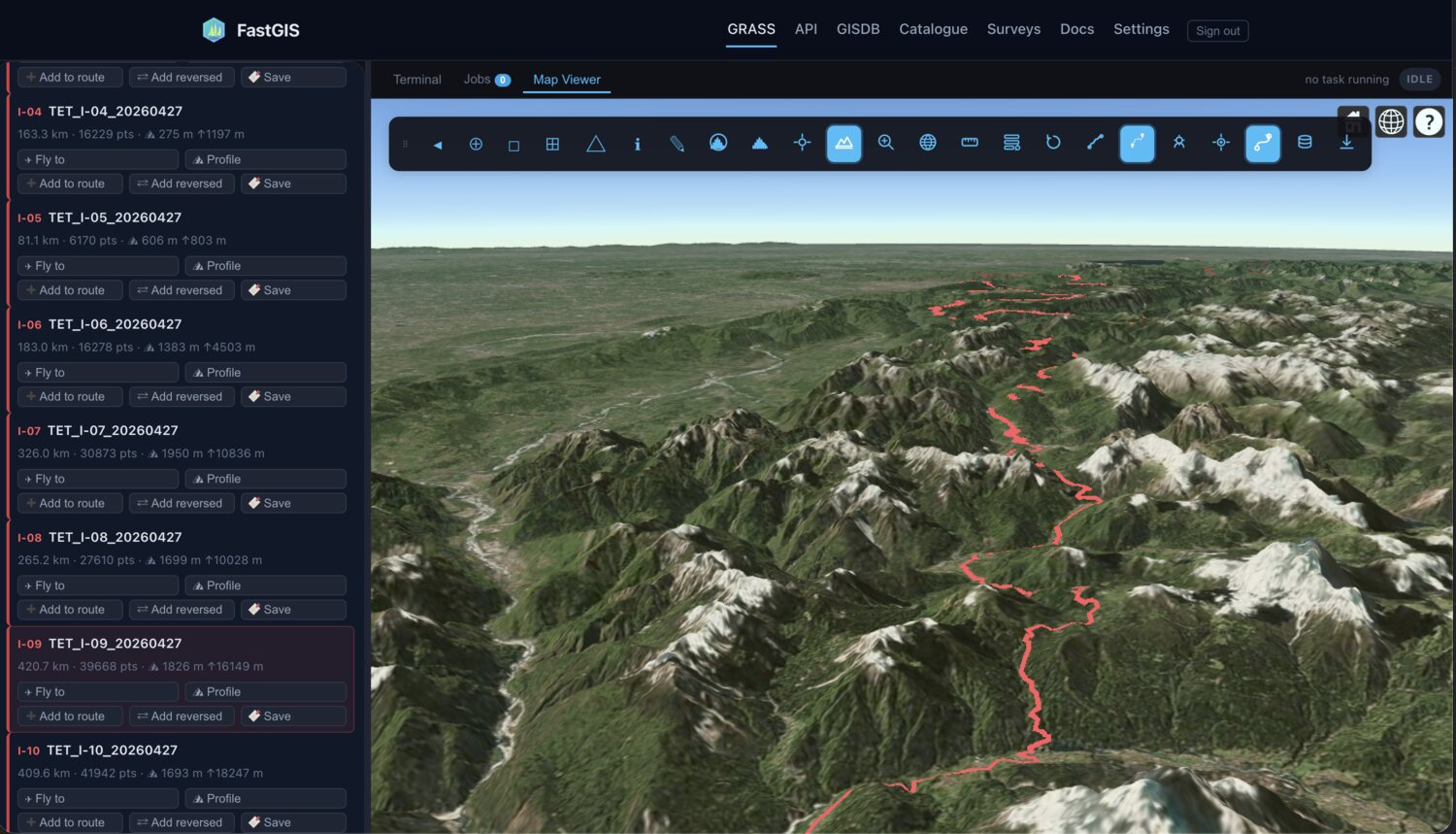 grass_runner 3D Cesium view of a TET track winding over mountain terrain, with the sub-trail list