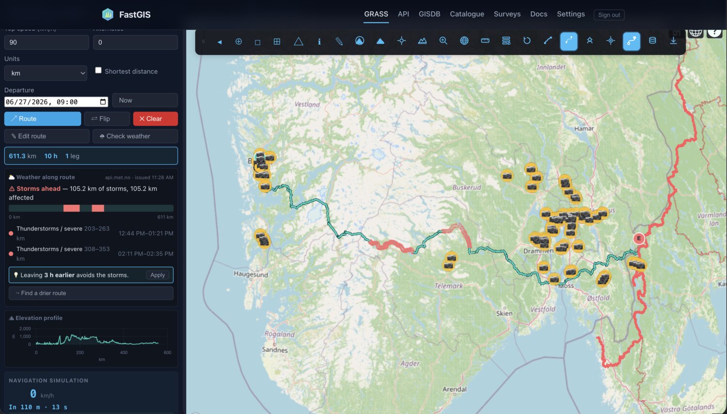 grass_runner desktop client: a planned route from Bergen to a Swedish TET track, with weather-along-route showing a storm band in red and a 'leave 3 h earlier' suggestion