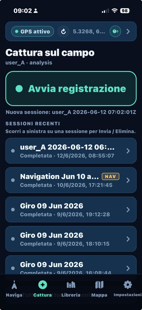 Start a FastGIS field-capture session — record track, photos, audio and notes