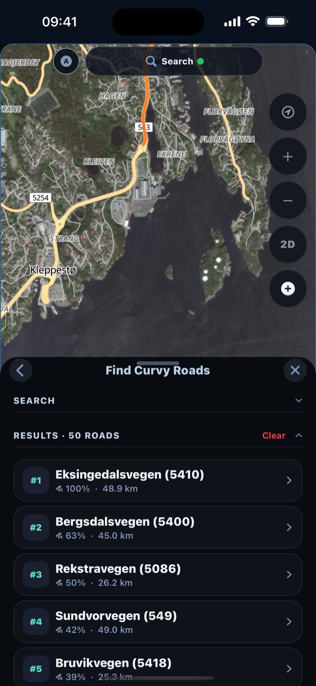 Curvy-road search results on the map