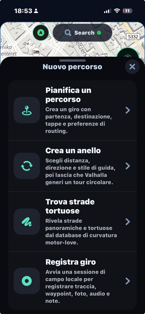 New route menu: plan, loop, curvy roads, record