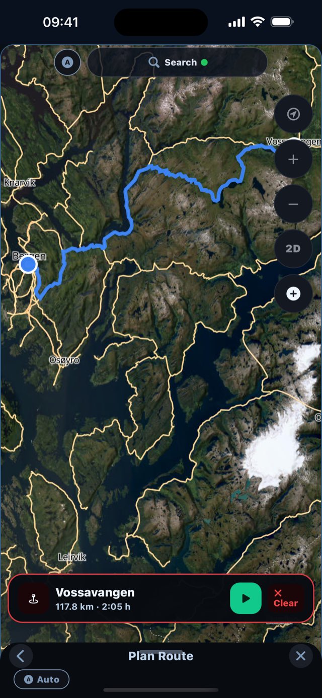 A computed route with distance and time